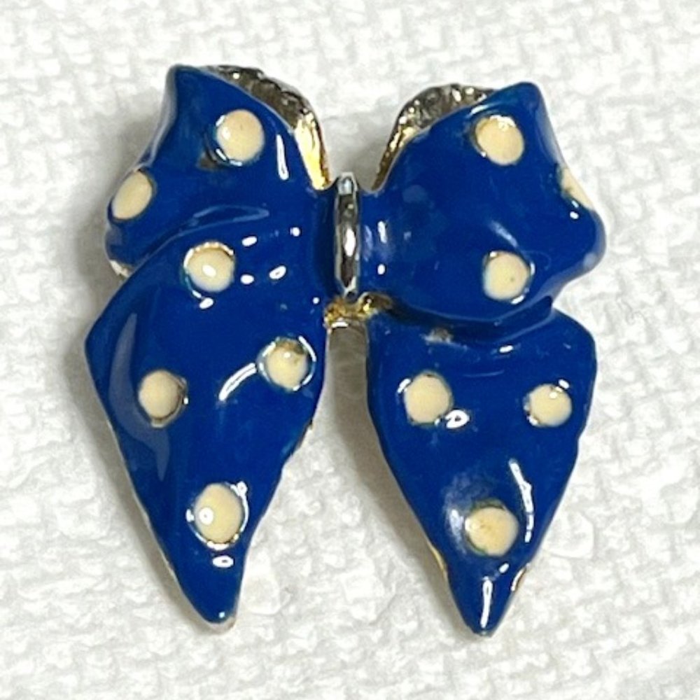 VTG 1" Blue White Polka Dot Bow Enamel Hat Pin Brooch Scarf Pin Petite